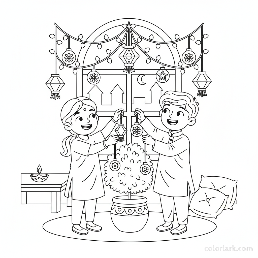 Children happily decorating a small indoor tree with Diwali lights and ornaments, joyful and enthusiastic, line art