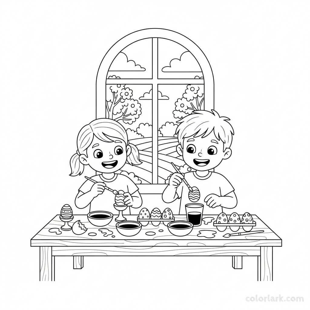 Black and white line art of two children decorating Easter eggs with dyes and paintbrushes at a table.