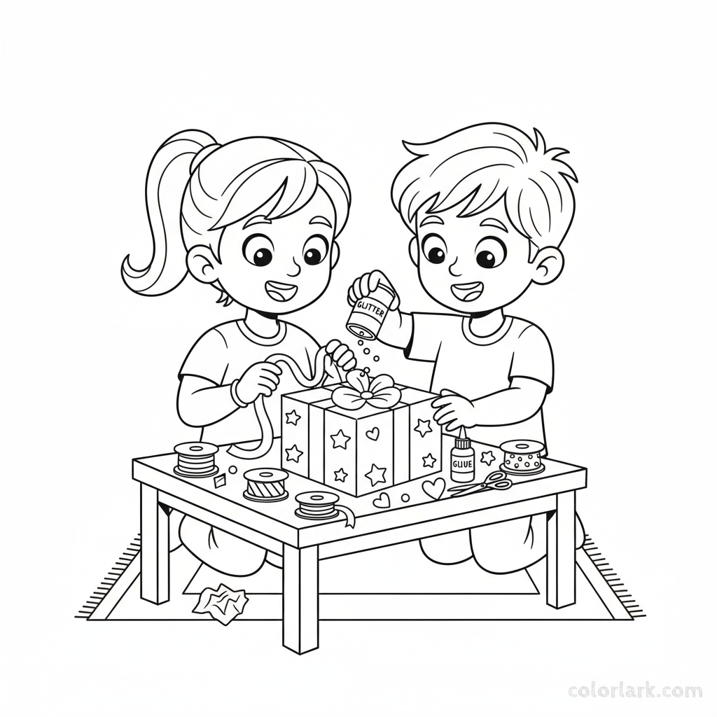 Line art of kids decorating a Rakhi gift box with ribbons and glitter