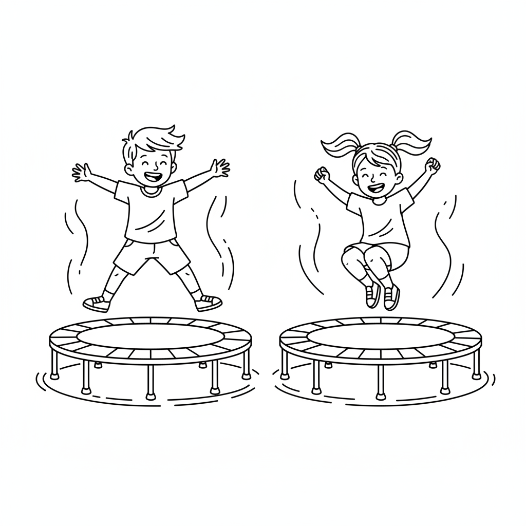 Black and white line art of kids demonstrating full body movement during trampoline jumps in a kids fitness center.