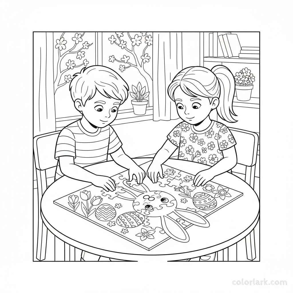 Black and white line art of two focused children working together on a large Easter-themed jigsaw puzzle.