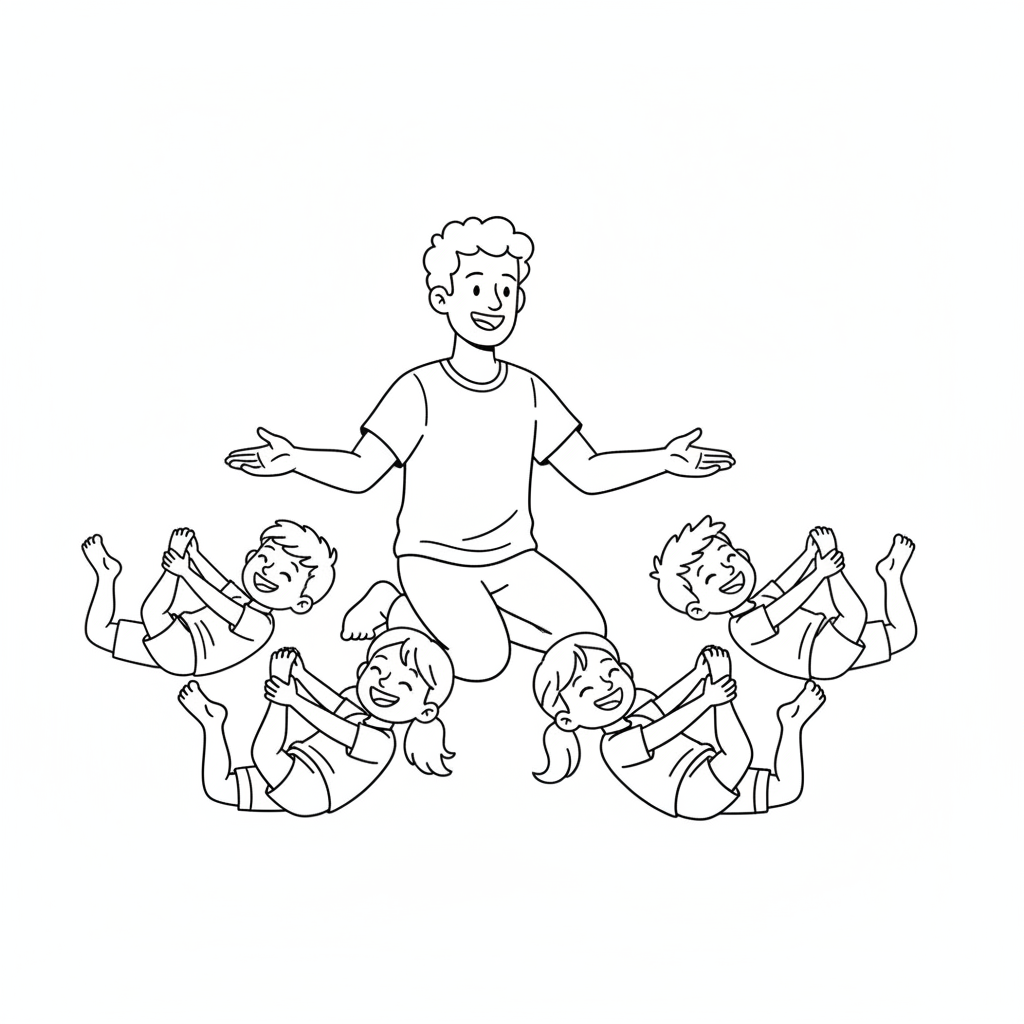 Line art of kids doing Happy Baby Pose with a yoga teacher.