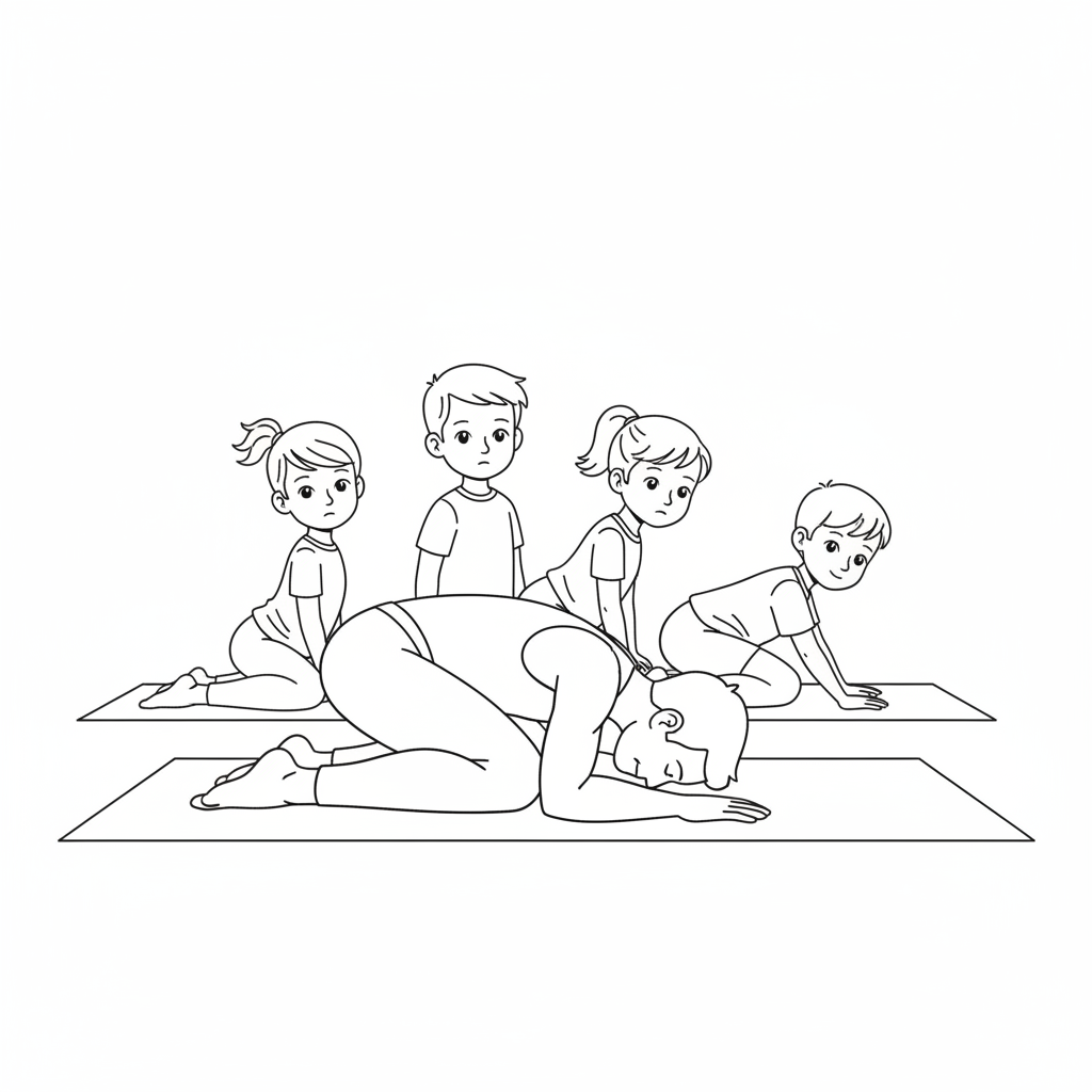 Line art of kids doing Pigeon Pose for hip stretch with a yoga instructor.