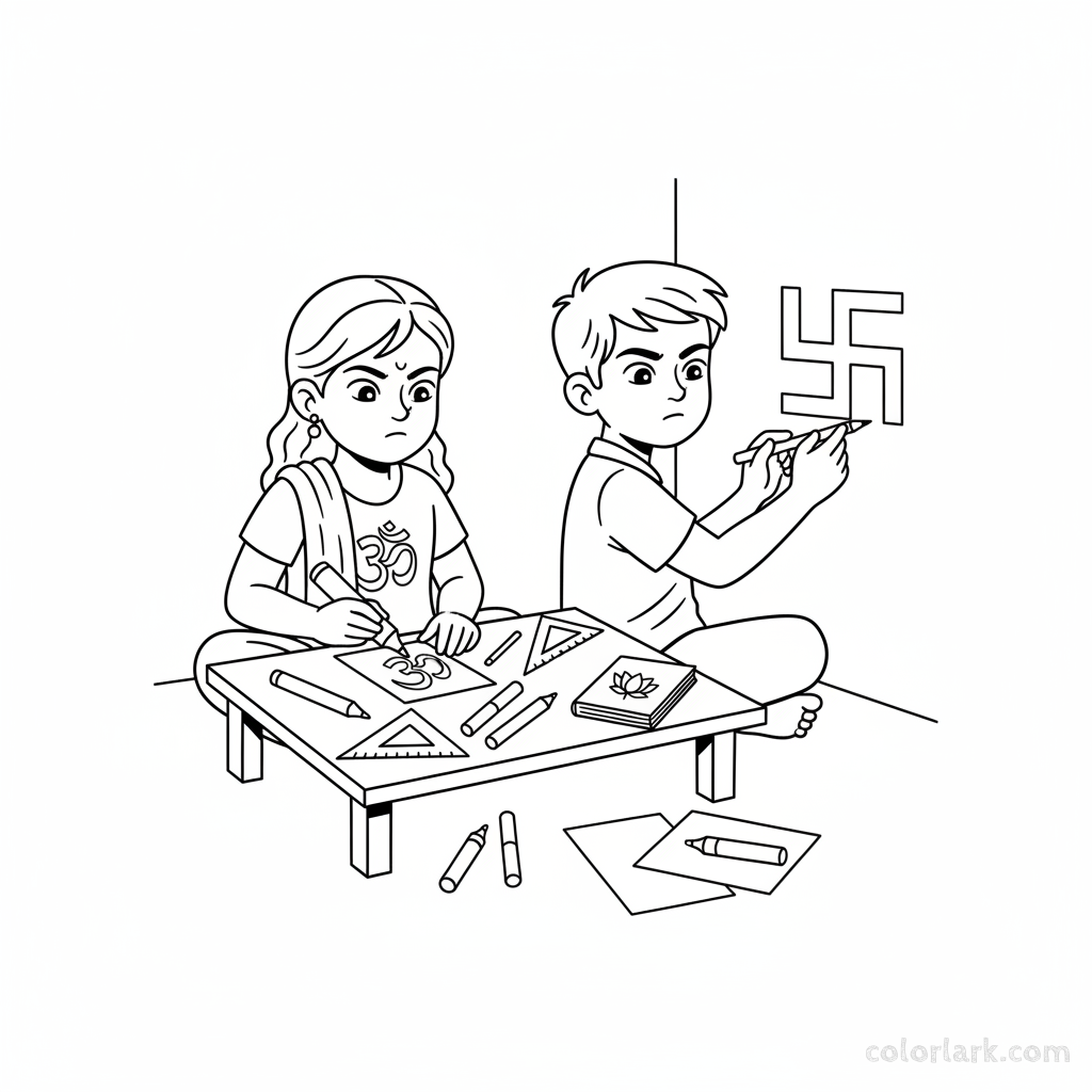 Children intently drawing auspicious symbols like Om and Swastik for Diwali blessings, focused and respectful, line art