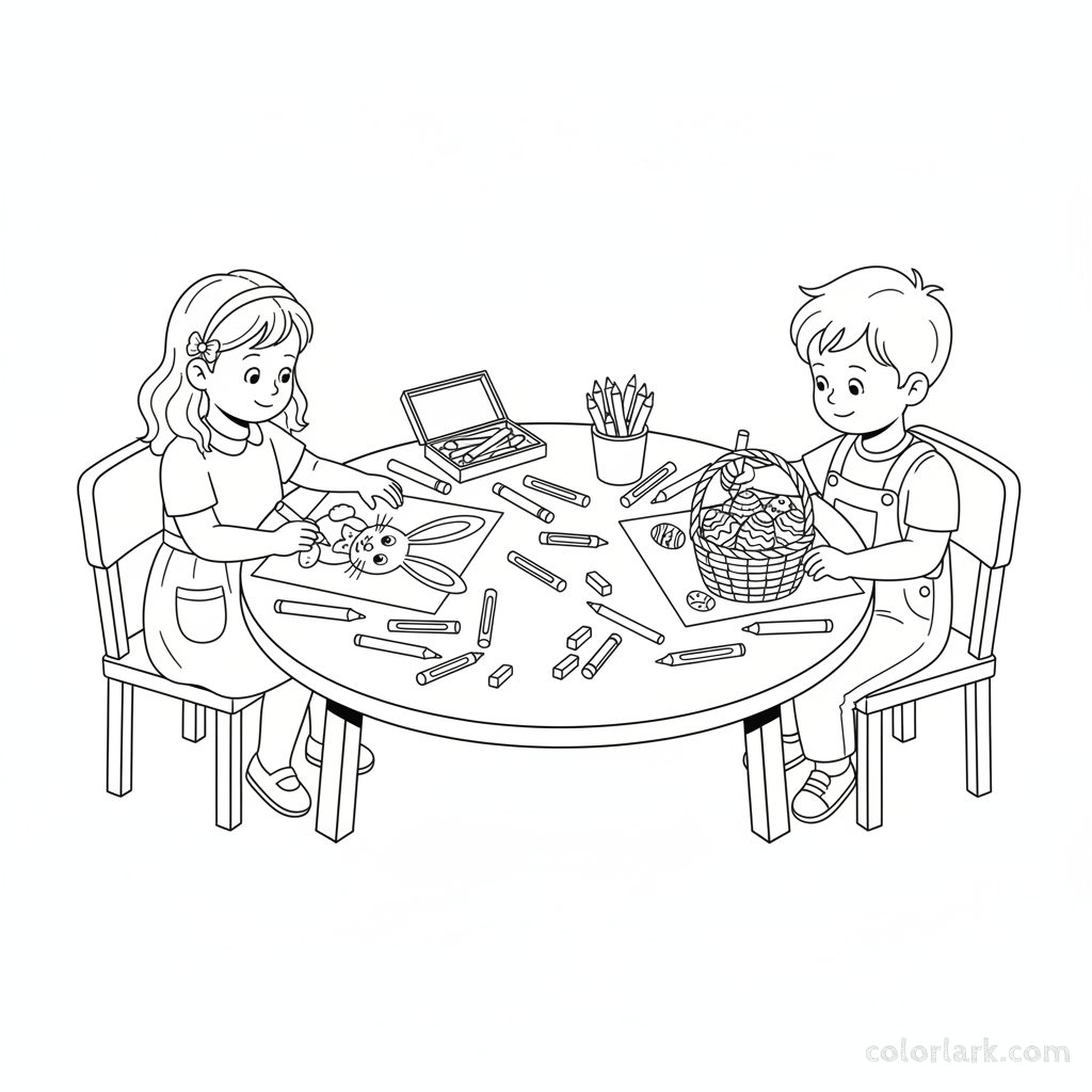 Black and white line art of two children sitting at a table, drawing their own Easter bunny and egg pictures.