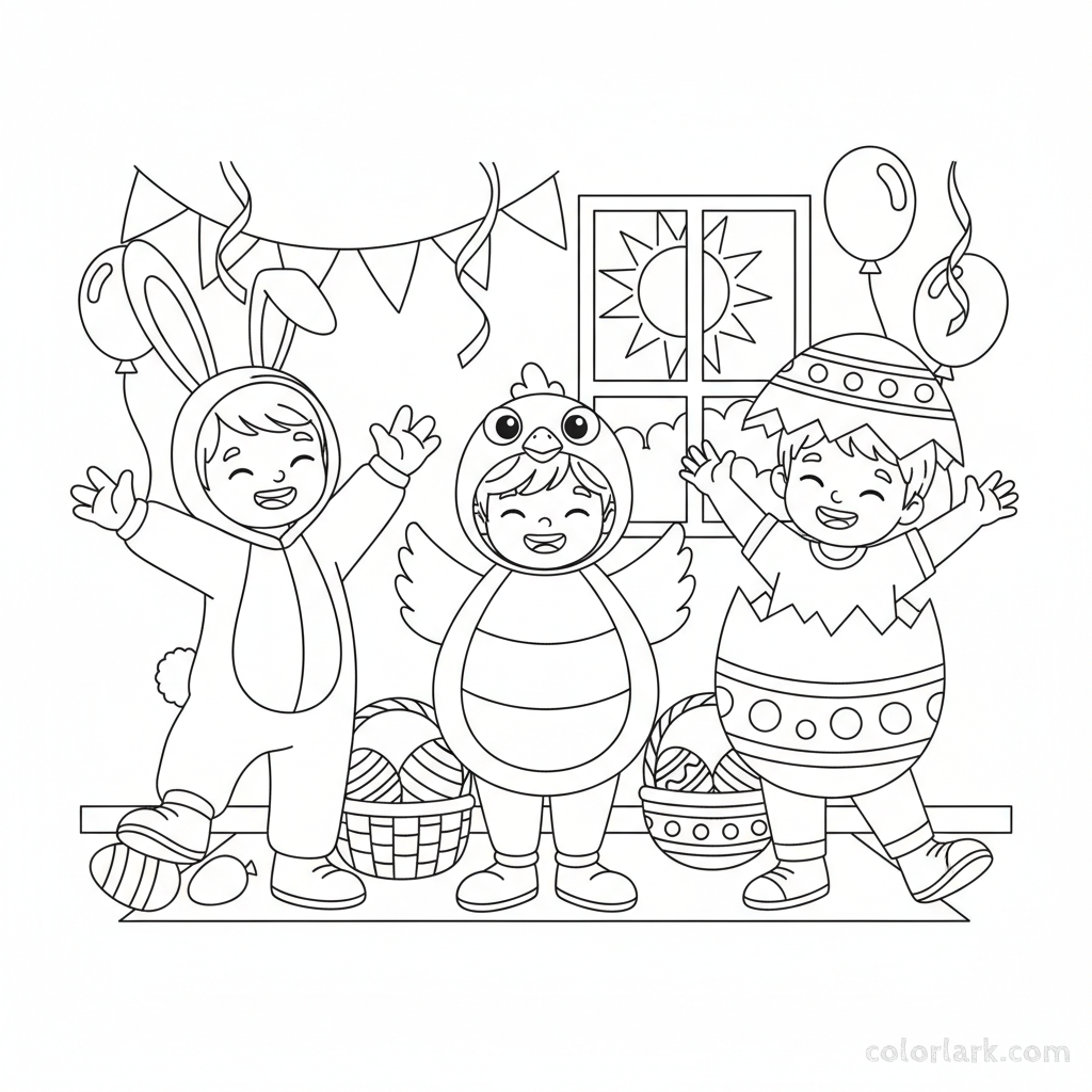Black and white line art of three joyful children dressed up in cute Easter bunny, chick, and egg costumes.