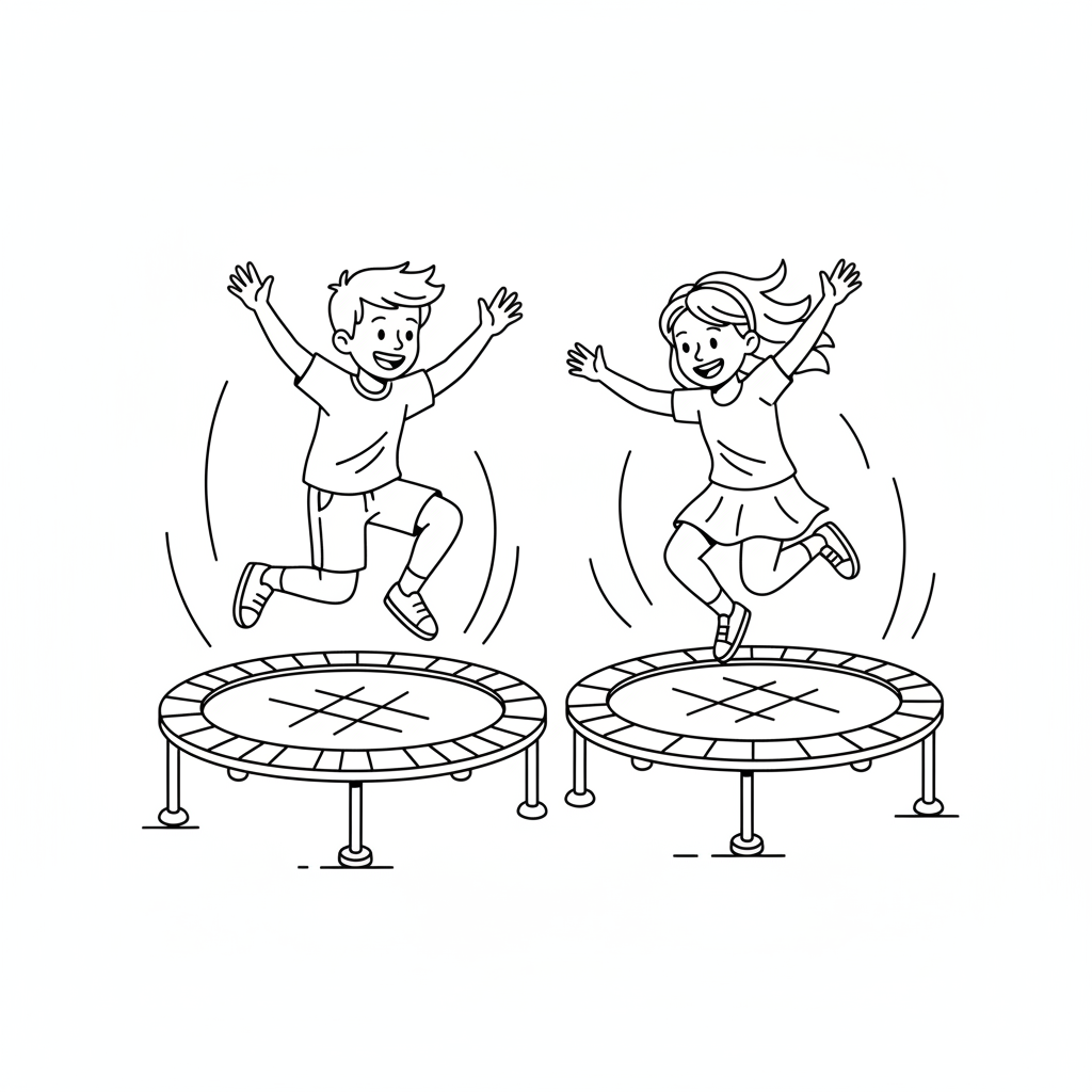 Black and white line art of kids energetically bouncing and twisting on separate trampolines.