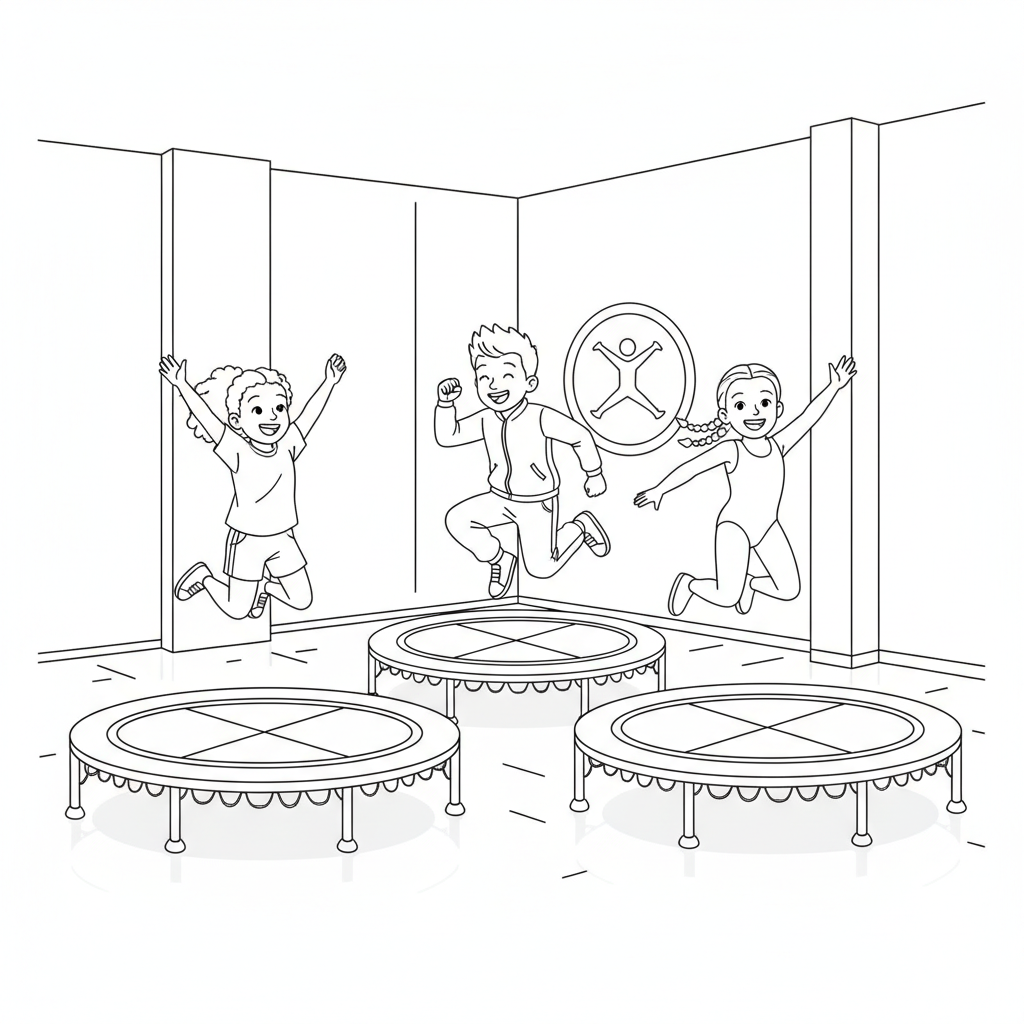Black and white line art of kids enjoying fitness jumps in a bright studio with multiple trampolines.