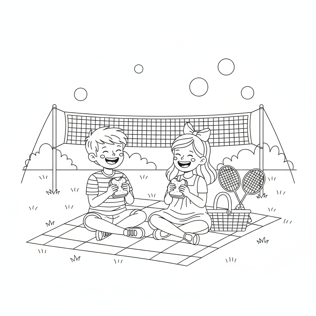 Line art of kids enjoying a picnic break during badminton.