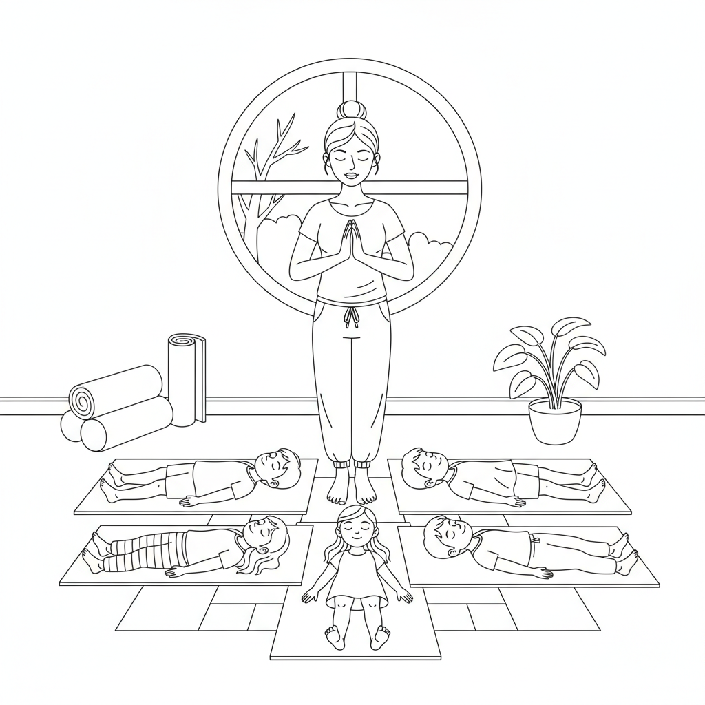 Line art of kids enjoying Savasana relaxation pose with a yoga teacher.