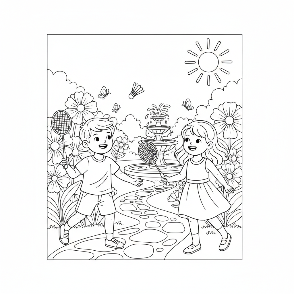 Line art of kids enjoying a sunny day badminton game in a garden.