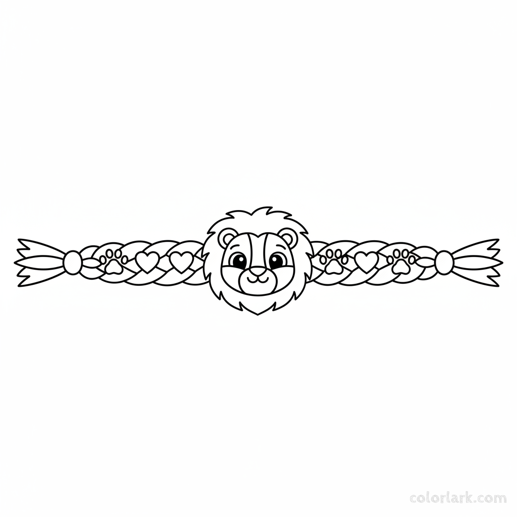 Black and white line art of a kid's animal-themed Rakhi with a cartoon animal motif and paw print patterns for coloring.