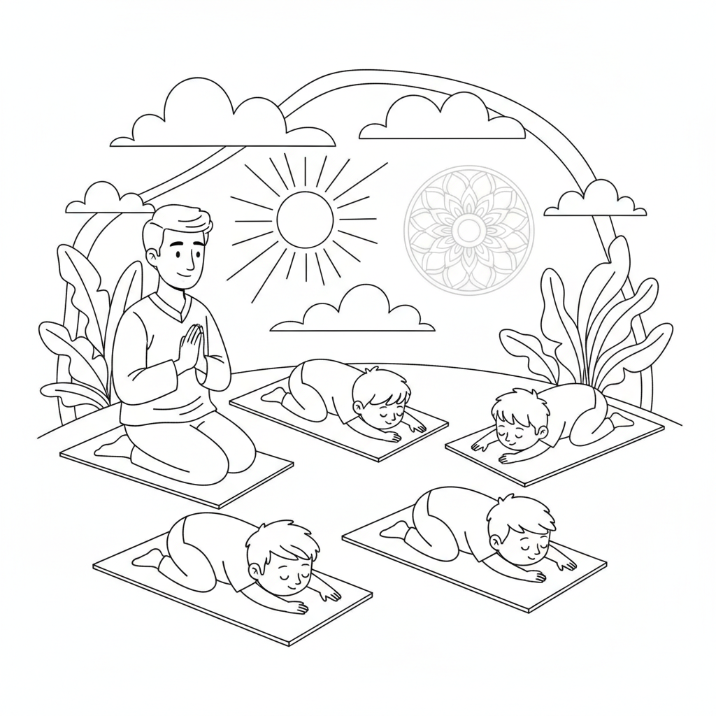 Line art of kids finding calm in Child's Pose with a yoga teacher.