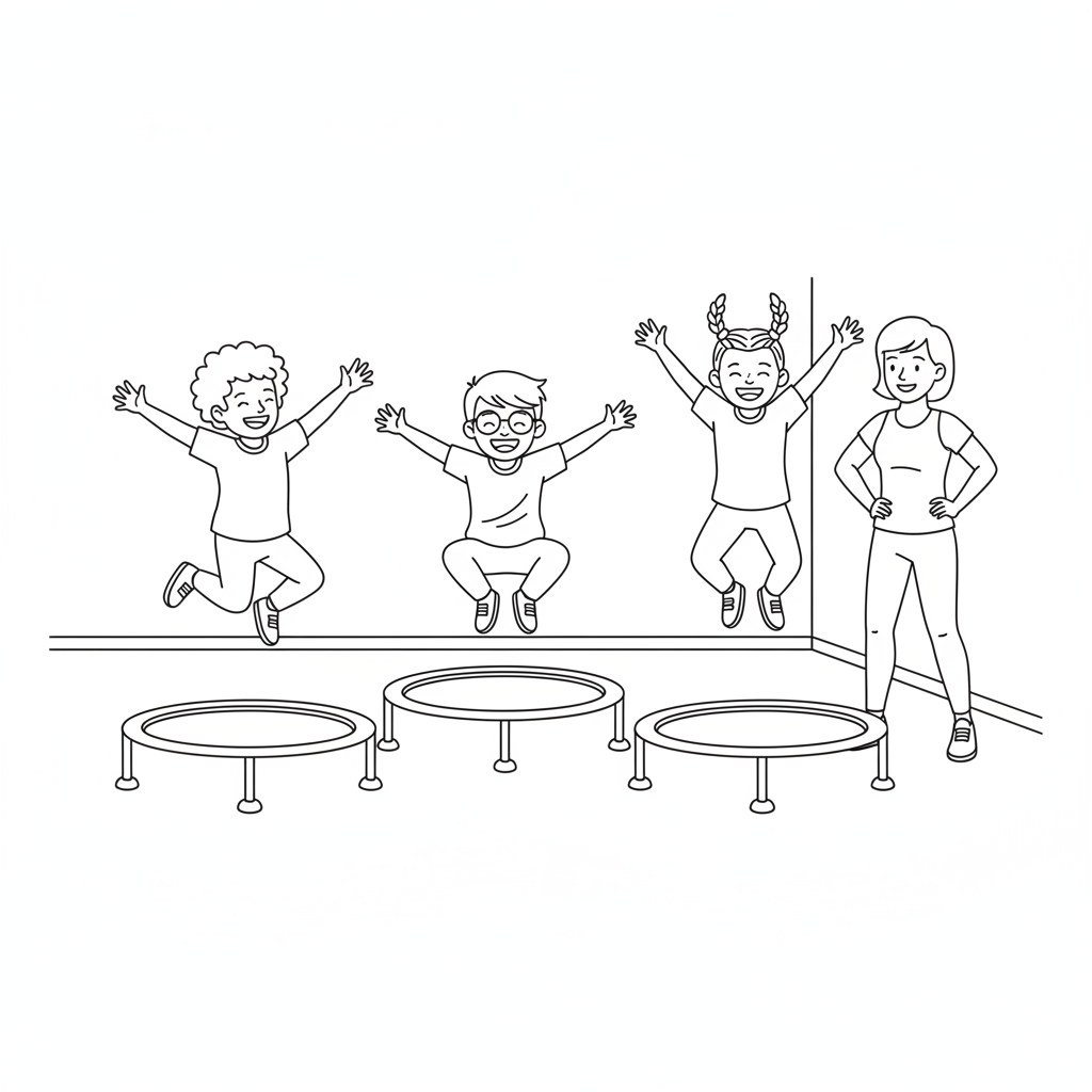 Black and white line art of a kids fitness class jumping together on multiple trampolines with an instructor supervising.