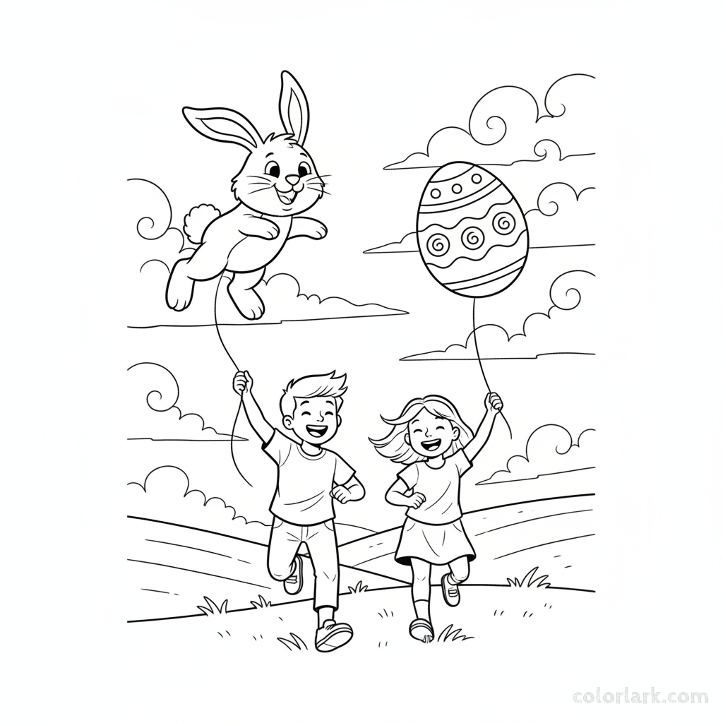 Black and white line art of two enthusiastic children flying Easter bunny and egg-shaped kites in a spring sky.