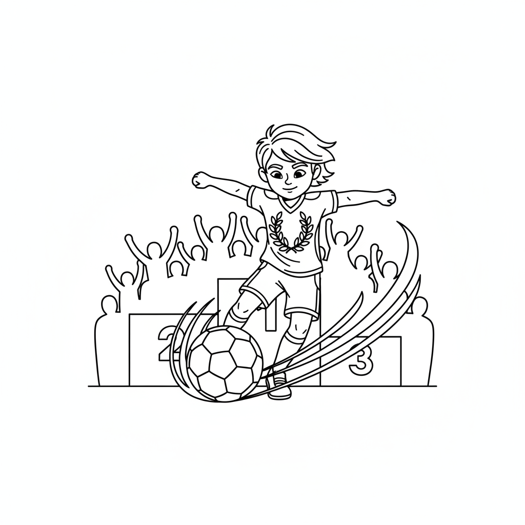 Line art of a child football champion making a powerful strike.