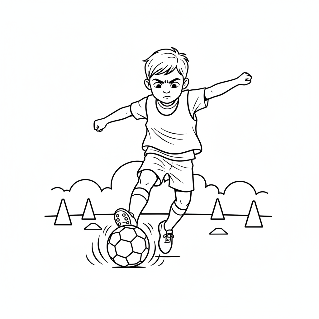 Line art of a child making an intense kick during football practice.
