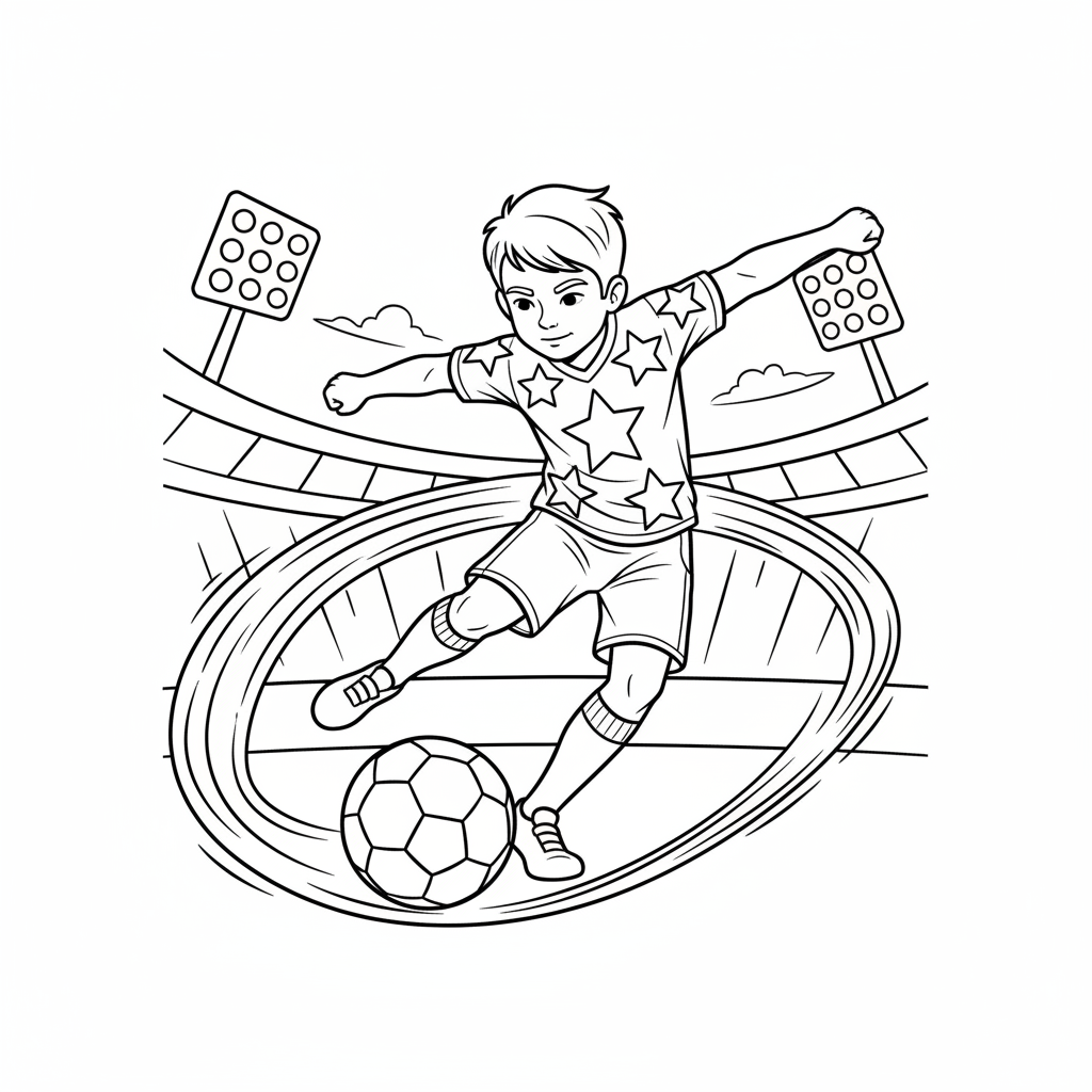 Line art of a child football star striking a powerful shot.