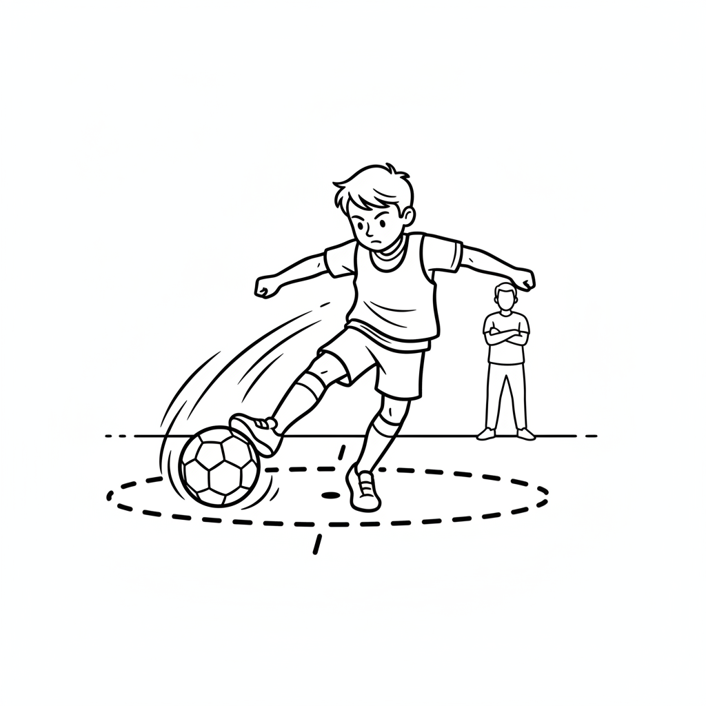 Line art of a child making a powerful kick during football training.