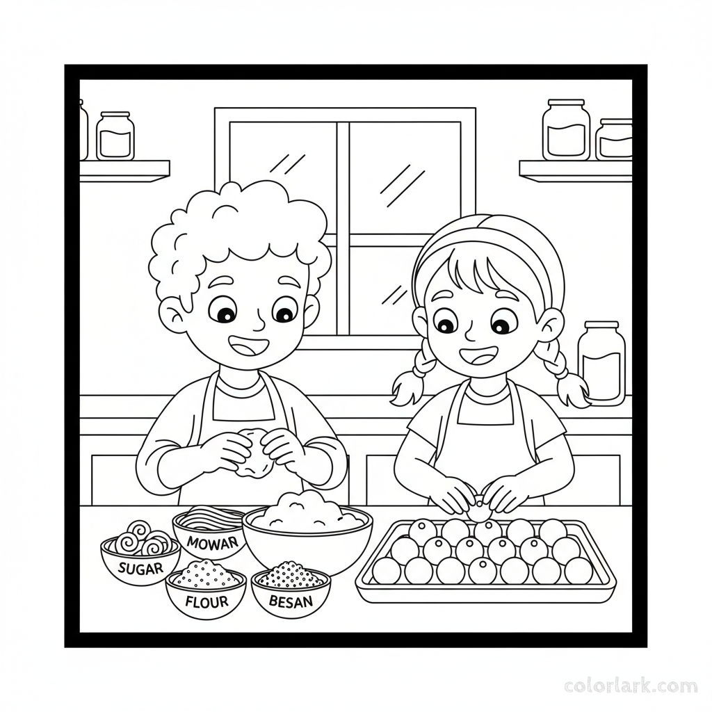 Children happily helping to make delicious homemade ladoos for Diwali celebration sweets in a kitchen, line art