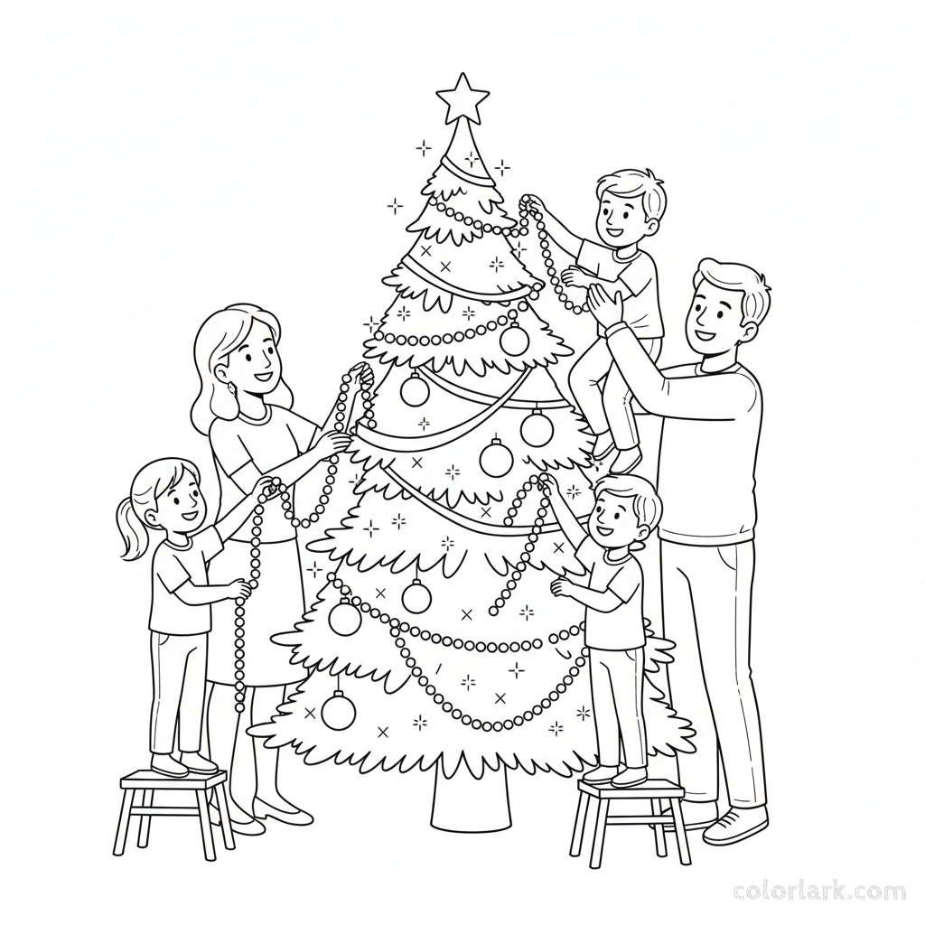 Black and white line art of kids helping parents drape beaded garlands on a sparkling Christmas tree.