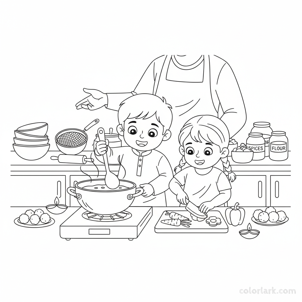 Children helping prepare Diwali meals in the kitchen with family, engaged and helpful, black-and-white line art