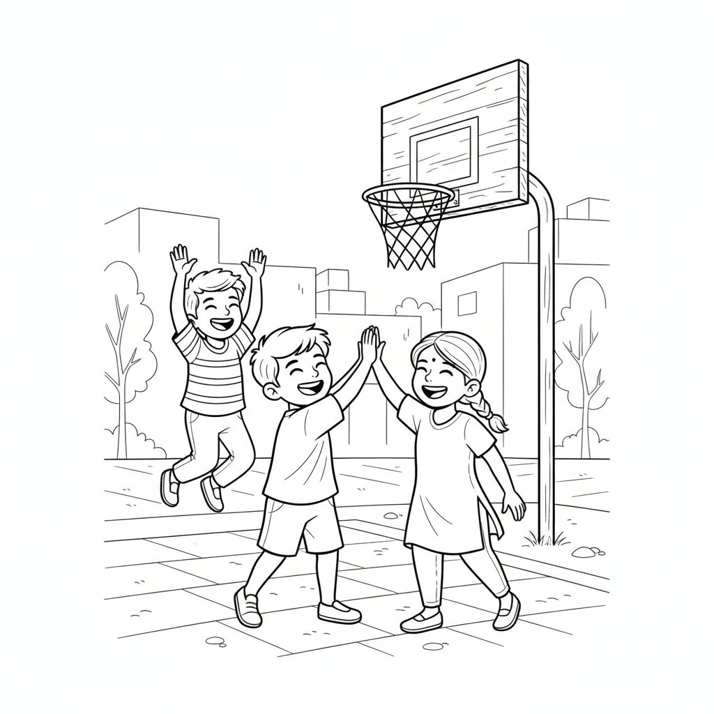 Line art of Indian kids high-fiving after scoring in street basketball, with a friend cheering in the background.