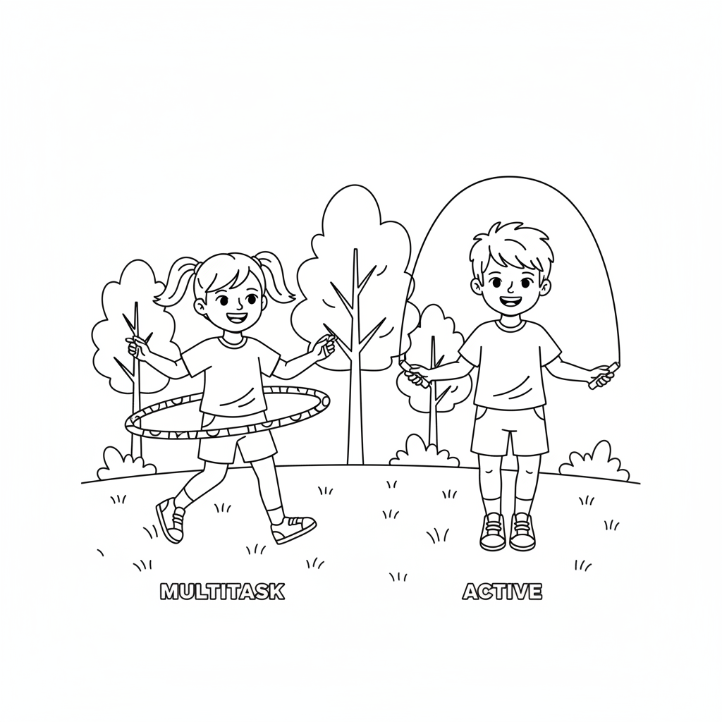 Line art of kids hula hooping and skipping rope side by side outdoors