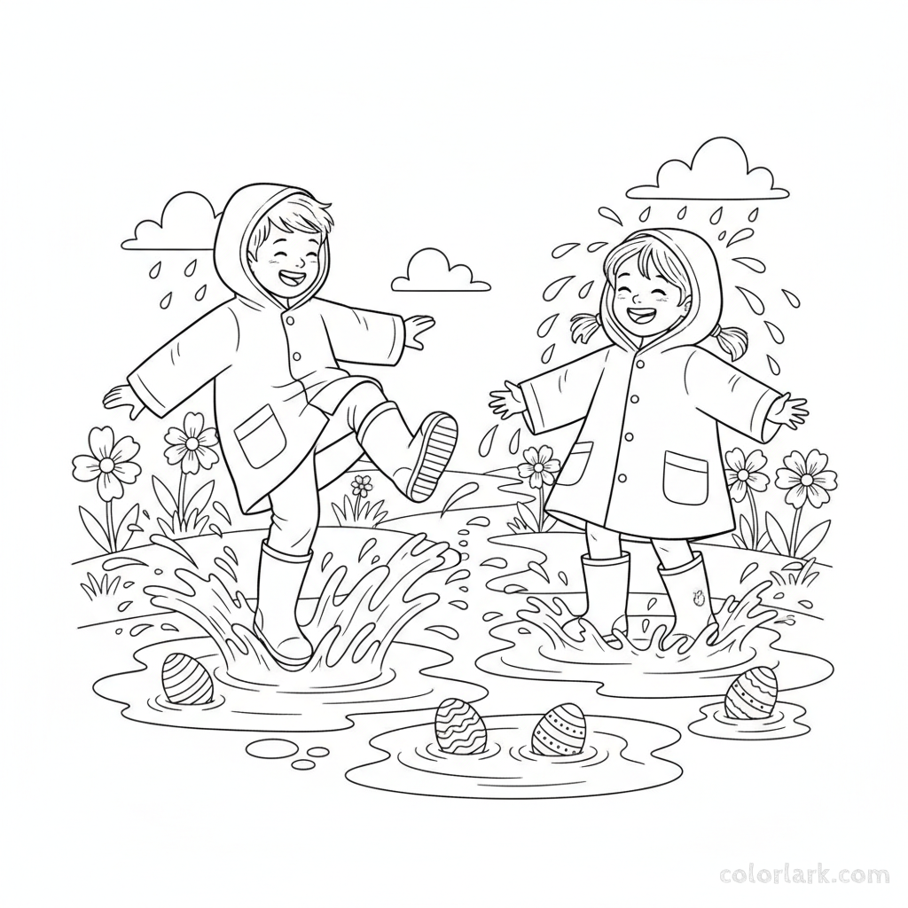 Black and white line art of two energetic children in rain boots, joyfully splashing in puddles after an Easter shower.