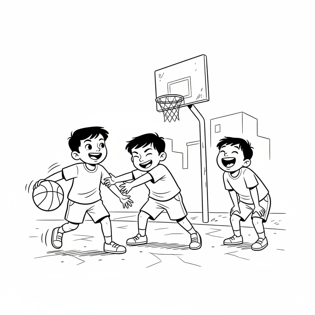 Line art of Indian children laughing and playing street basketball, with a friend laughing on the sidelines.