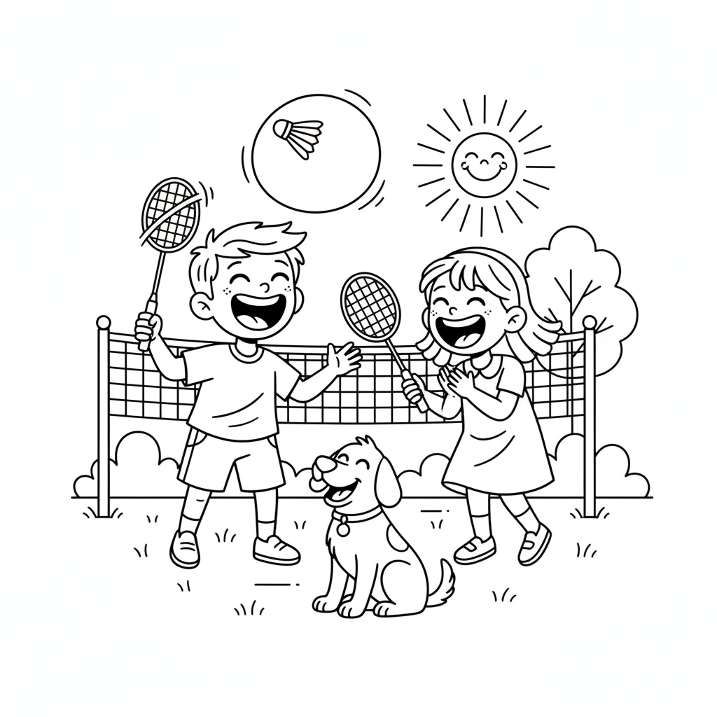 Line art of kids laughing during a badminton game in a backyard.