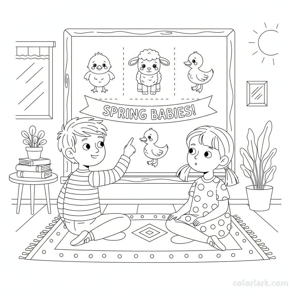 Black and white line art of two children learning about spring baby animals like chicks and lambs from a chart.