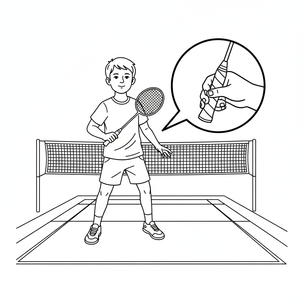 Black and white line art of a child demonstrating the correct badminton serve grip and stance.