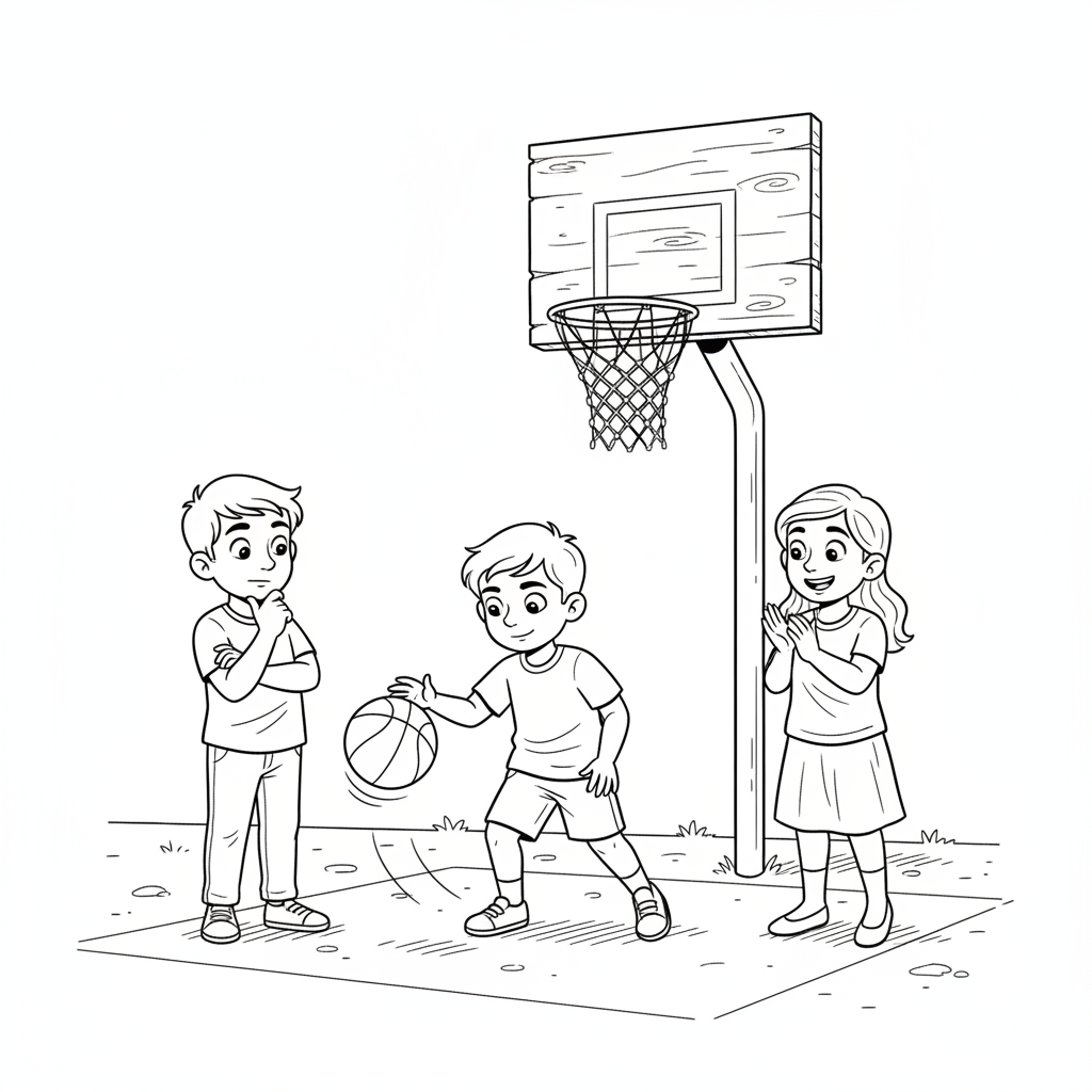 Line art of Indian children learning basic basketball skills on a street, with friends observing.