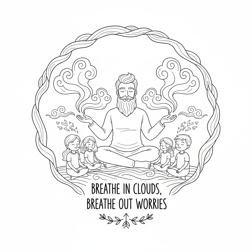 Line art of kids learning Cloud Breath for relaxation with a yoga instructor.