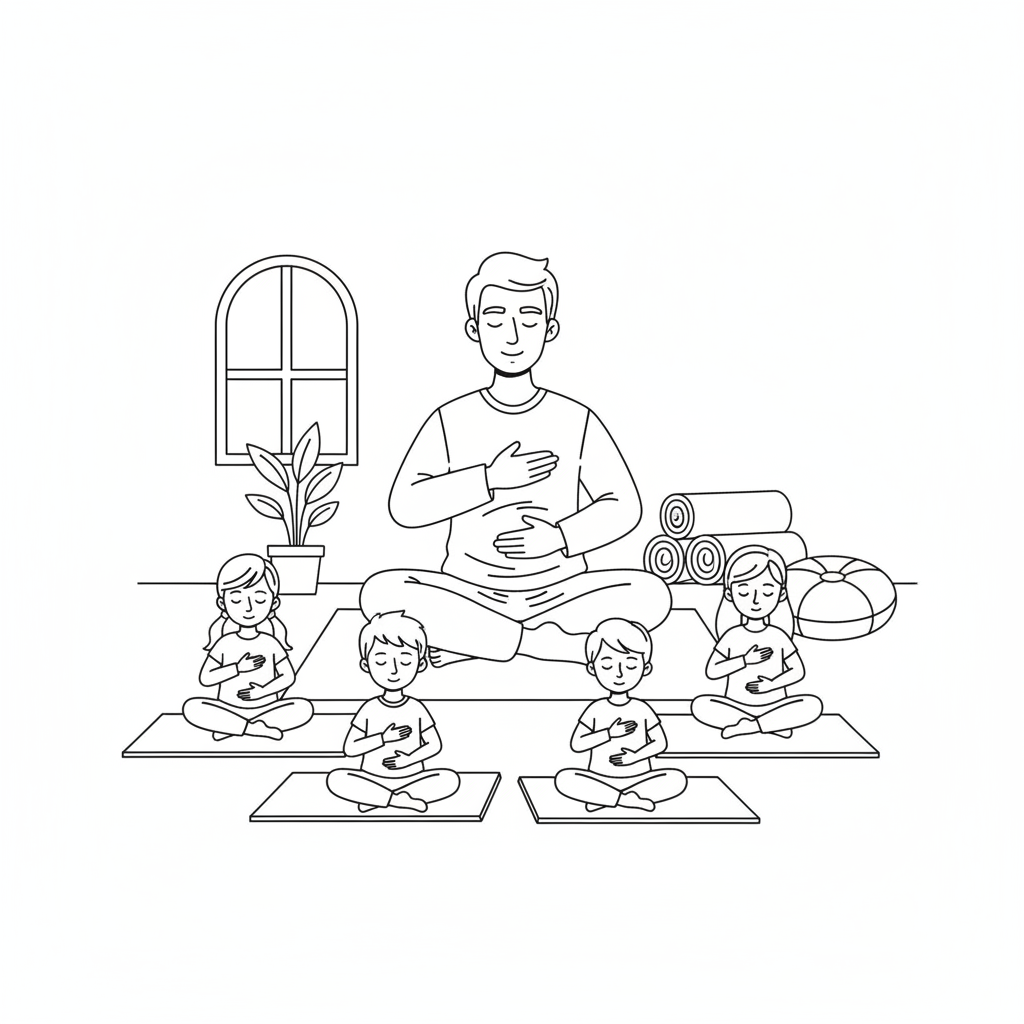 Line art of kids learning deep belly breathing with a yoga teacher.