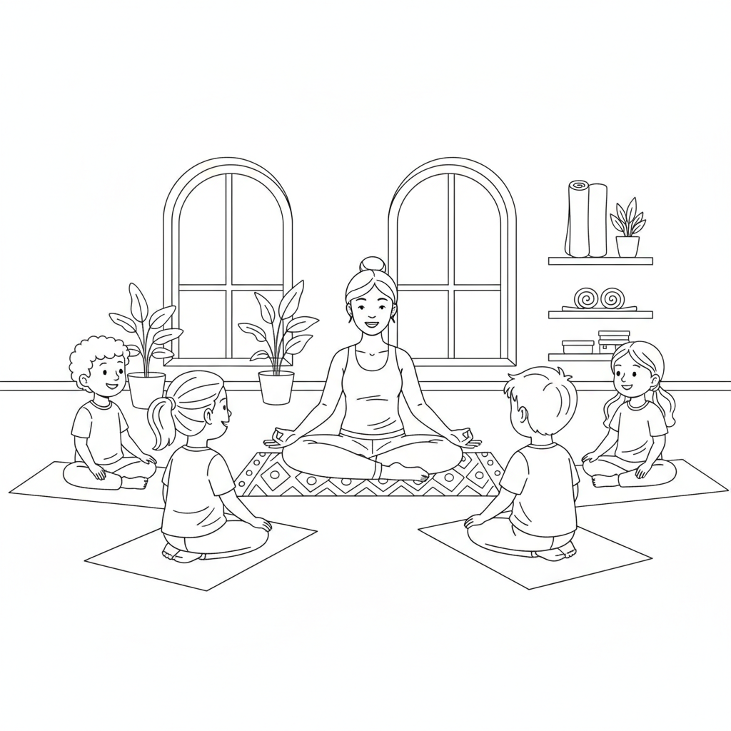 Line art of kids and teacher in easy seated yoga pose, meditating.
