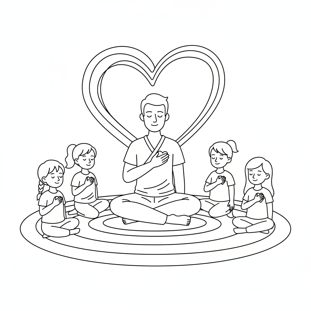 Line art of kids learning Hand-to-Heart Breath for empathy with a yoga instructor.
