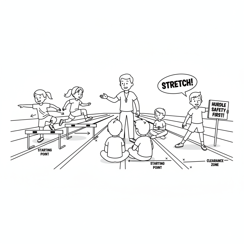 Black and white line art of kids learning hurdle safety and technique with a coach on an athletics track.
