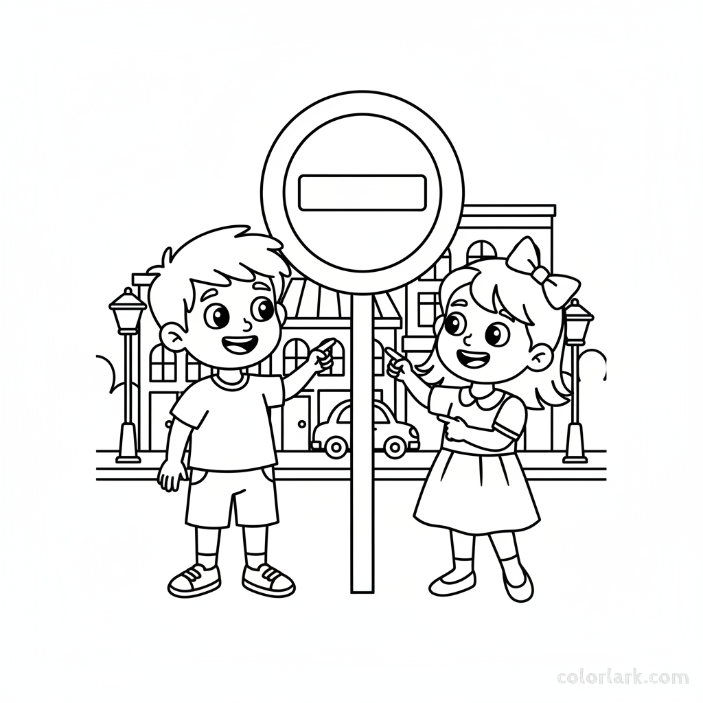 Coloring page of children learning about an Indian No Entry sign.