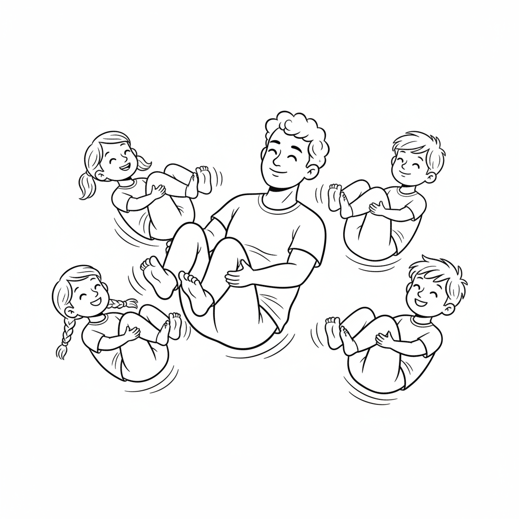Line art of children learning Rock-a-Bye Baby Pose for comfort with a yoga instructor.