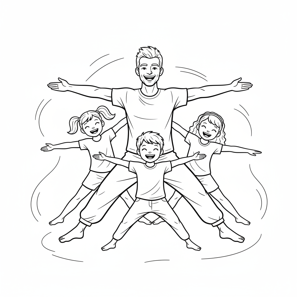 Line art of kids learning Star Pose for energy with a yoga teacher.