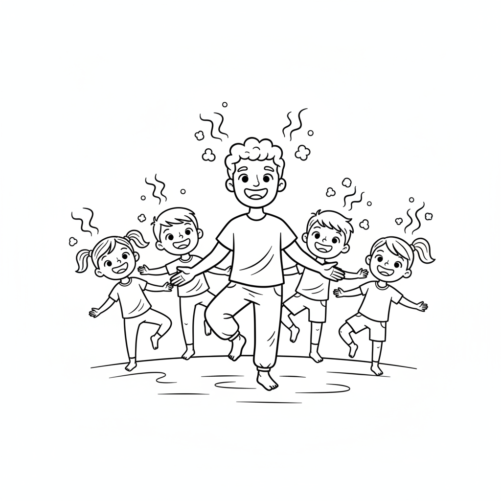 Line art of kids learning Wiggle Breath for energy with a yoga instructor.
