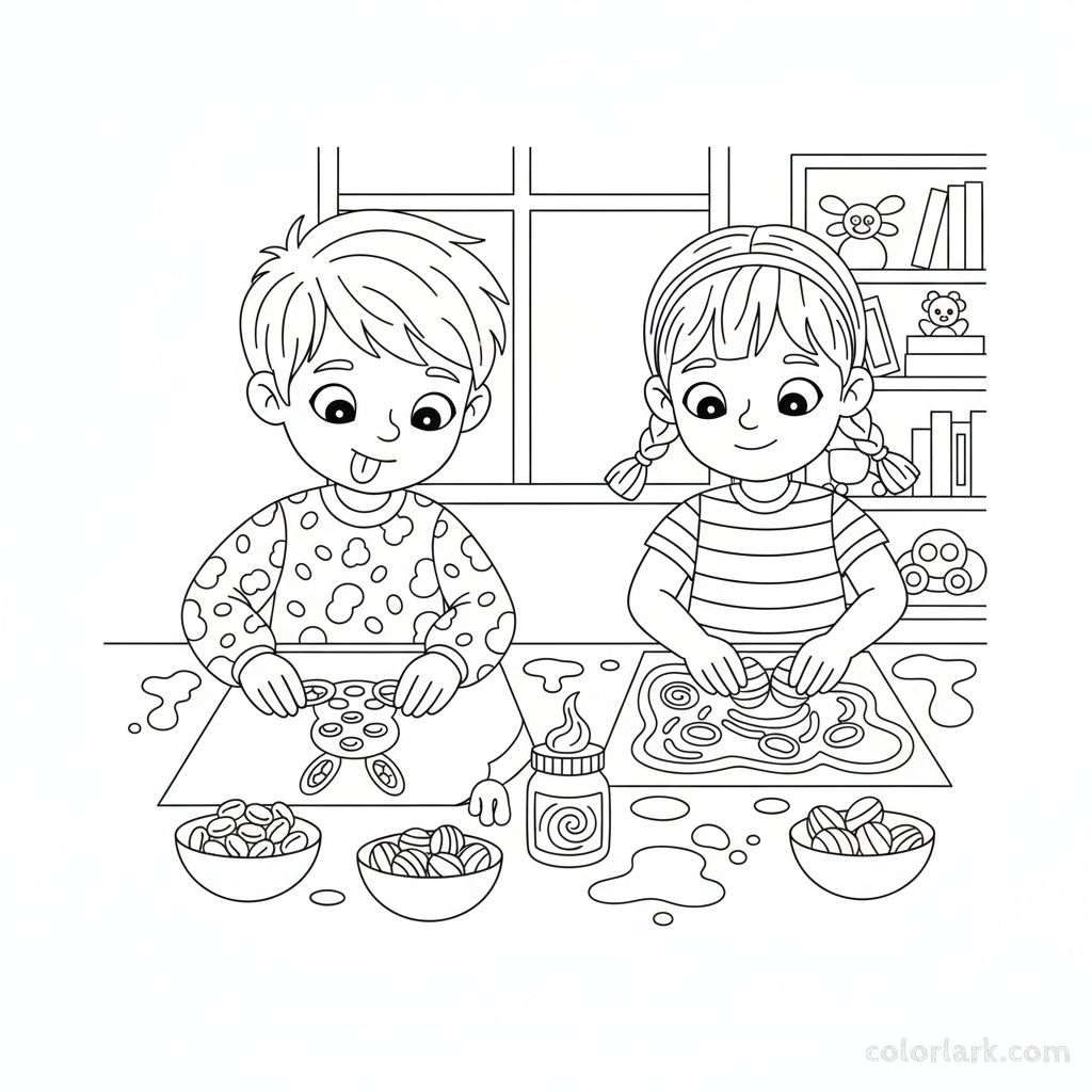 Black and white line art of two children making art on paper using various Easter candies like jelly beans and chocolate eggs.