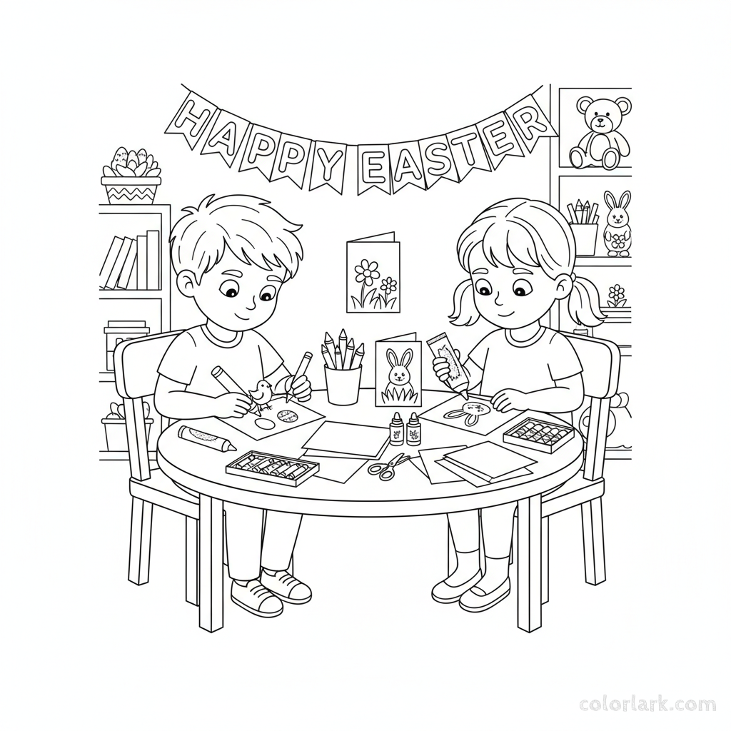 Black and white line art of two children creating handmade Easter greeting cards with crayons, glue, and paper.