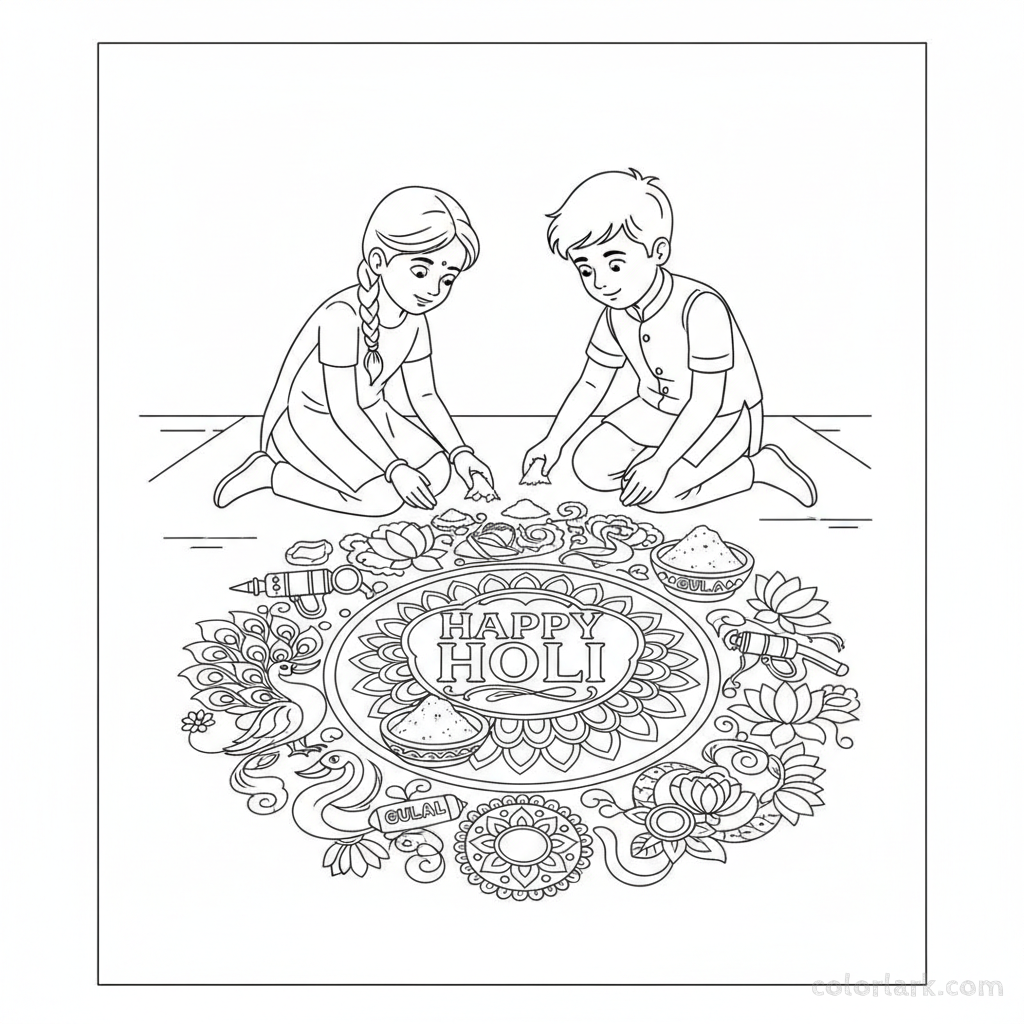 Kids' Holi Rangoli coloring page, Festival of Colors printable art.