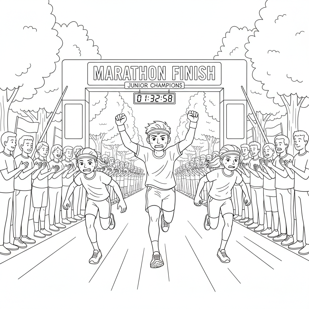 Line art of kids sprinting in a marathon's final stretch to a finish line with an appreciative crowd