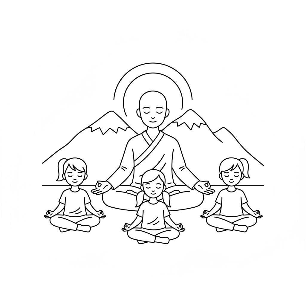 Line art of kids meditating in Lotus Pose with a yoga teacher.