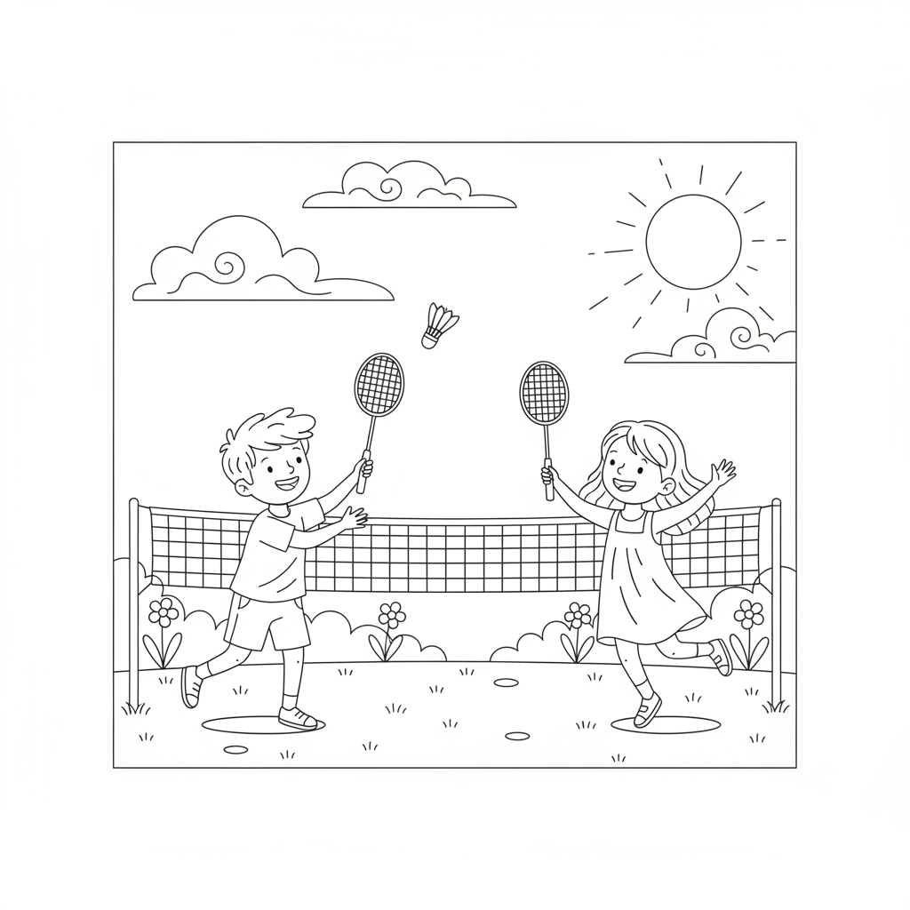 Line art of kids playing badminton under a blue sky in a backyard.