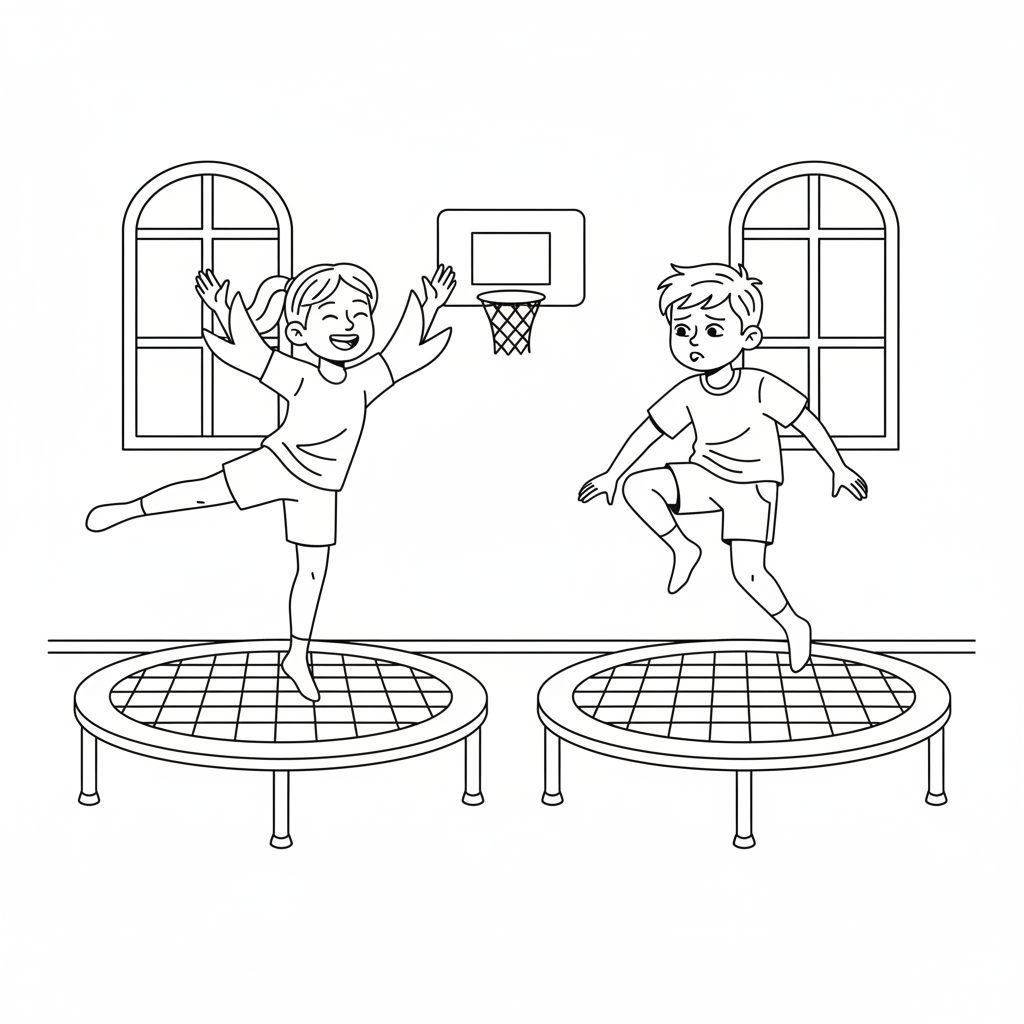 Black and white line art of kids playing Follow the Leader on trampolines in a kids fitness center.